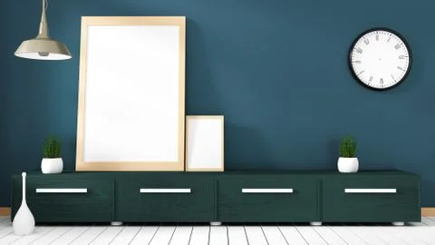 Tv cabinet in modern empty room Japanese - zen style,minimal designs. 3D rend Stock Illustration