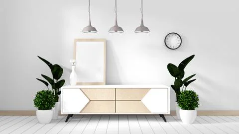 Tv cabinet in modern empty room Japanese - zen style,minimal designs. 3D rend Stock Illustration