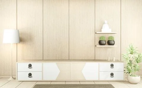 Tv cabinet in modern empty room Japanese - zen style,minimal designs. 3D rend Stock Illustration