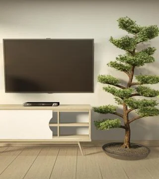 Tv cabinet in modern empty room Japanese - zen style,minimal designs. 3D rend Stock Illustration