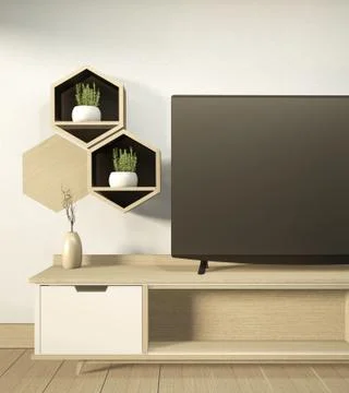 Tv cabinet in modern empty room Japanese - zen style,minimal designs. 3D rend Stock Illustration