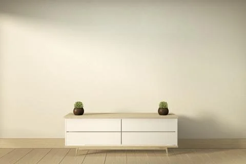 Tv cabinet in modern empty room Japanese - zen style,minimal designs. 3D rend Stock Illustration