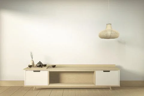 Tv cabinet in modern empty room Japanese - zen style,minimal designs. 3D rend Stock Illustration