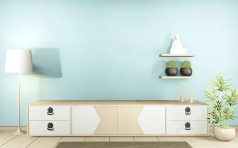 Tv cabinet in modern empty room Japanese - zen style,minimal designs. 3D rend Stock Illustration