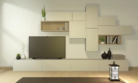 Tv cabinet in modern empty room Japanese - zen style,minimal designs. 3D rend Stock Illustration