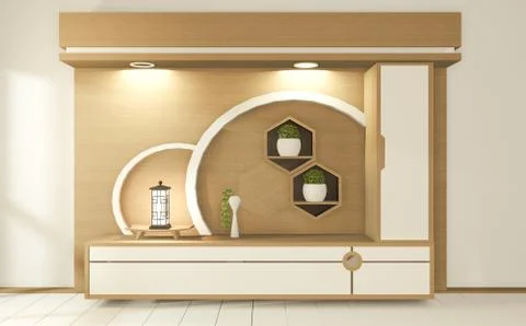 Tv cabinet in tropical empty room Japanese - zen style,minimal designs. 3D re Stock Illustration