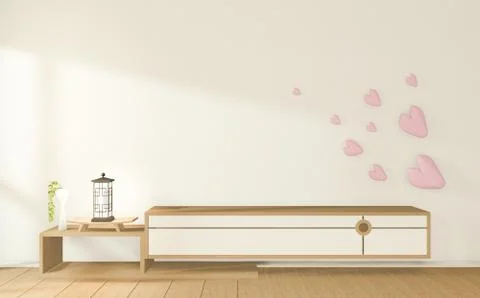 Tv cabinet in tropical empty room Japanese - zen style,minimal designs. 3D re Stock Illustration