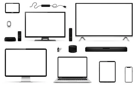 TV, computer, laptop, tablet, phone, watch, smart speaker, sound bar, usb f.. 库存插图