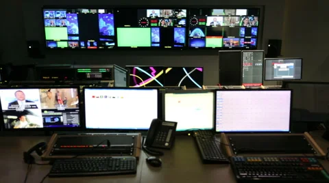 TV control room out of focus track left Stock-Footage 50884333