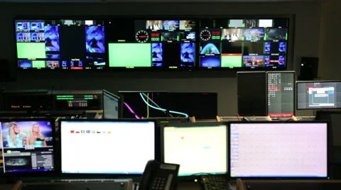 TV control room out of focus track left Stock-Footage 50884687