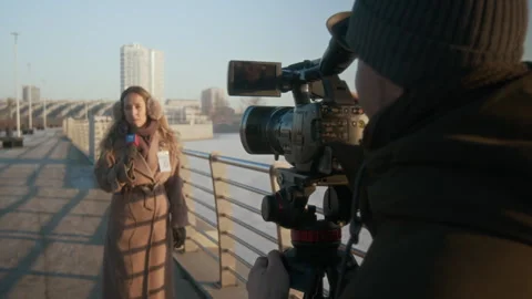 TV Crew Filming News Report on Newly Opened City Bridge for Local Channel Stock Footage 300404672