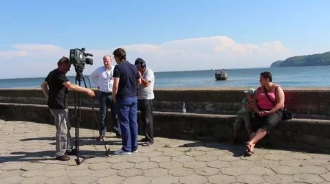 TV crew is interviewing a man. Gdynia, Poland 스톡 동영상 40365104