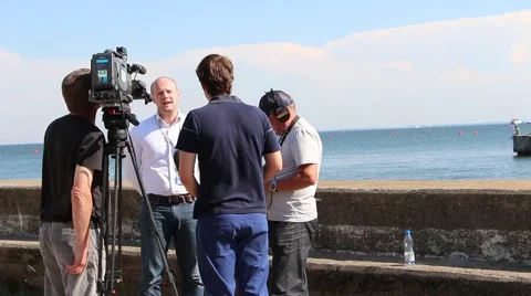TV crew is interviewing a man. Gdynia, Poland Stock Footage 40365330