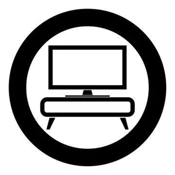 TV on the cupboard commode bedside table Home interior concept icon in circle Stock Illustration