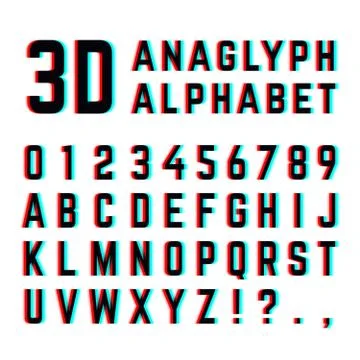 Tv distortion 3D effect stereoscopic, anaglyph alphabet and numbers Stock Illustration