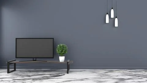 TV, Empty room stone floor on dark wall background. 3D rendering Illustrazione stock
