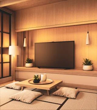 Tv on empty wall background and wall wooden japanese design on living room ze Stock Illustration