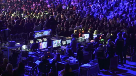 TV engineers crew broadcasting show in a television from public conference Stock-Footage 138757218