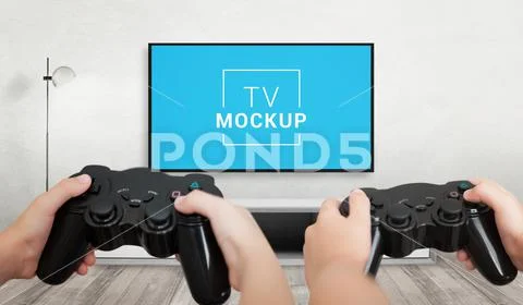 TV gaming mockup. Playing games concept with console gamepads in children's hand PSD Template