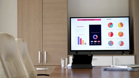 TV with graph and diagrams in empty modern conference rrom Stock Footage 90935131