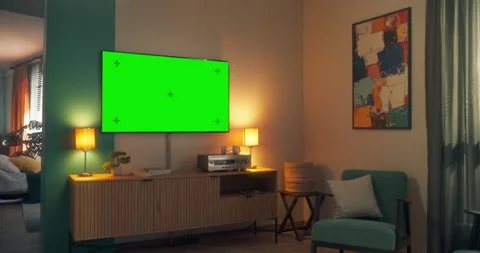 TV with Green Screen Template in Empty Room Stock Footage 320884389