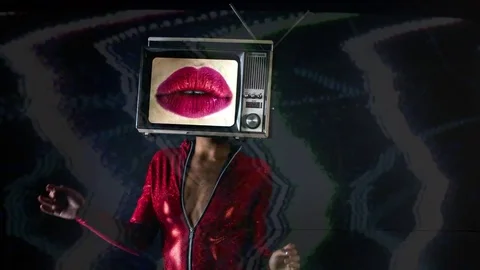 Tv head television broadcast screen woman dancer body lips mouth pout talking Stock Footage
