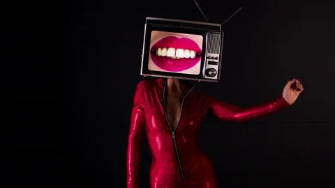 Tv head television broadcast screen woman dancer body lips mouth pout talking Stock Footage