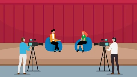 TV Interview Recording with Host, Guest, and Camera Crew on Studio Stage ca.. Video stock 305012451