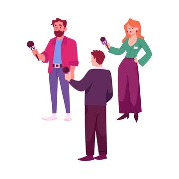 TV journalist interview, reportage, vector news reporters with microphone, press Illustrazione stock