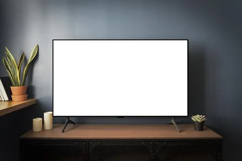 TV led mock up screen. Smart TV on a curbstone in an interior of the living room Stock Photos