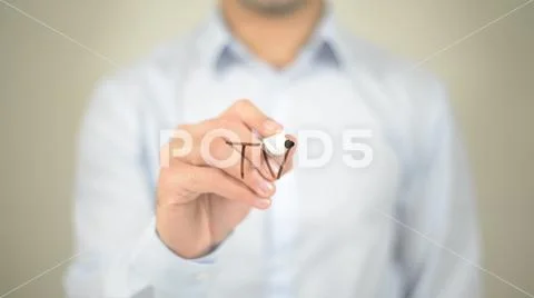 Tv, Man writing on transparent screen Stock Photos