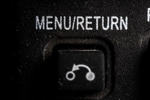 Tv menu and return icon and button close up of a old dusty black Television.. Stock Photos