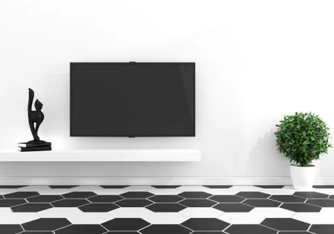 TV in modern empty room -hexagon tile color black and white modern floor - mi Stock Illustration