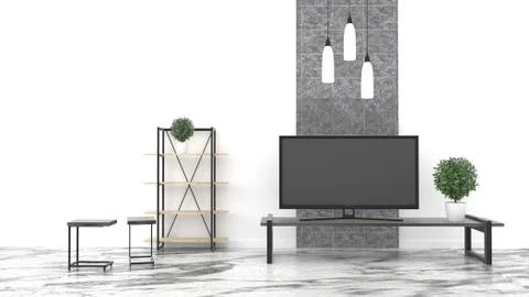 TV, modern empty room interior empty white wall on floor granite. 3D renderin Illustrazione stock