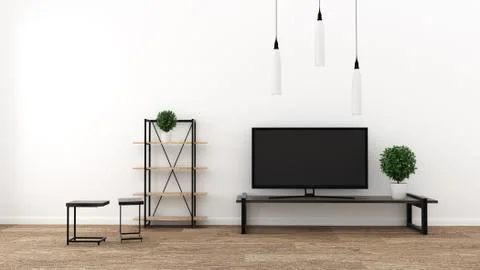 TV in modern empty room, interior - minimal. 3d rendering Stock Illustration