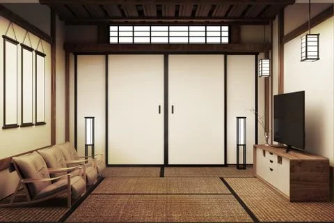 TV in modern white empty room interior,Designed for Japanese style lovers. 3D Stock Illustration