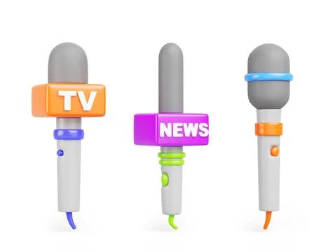 TV news microphone 3d render icon isolated set. Reporter mic with brand logo Stockillustratie