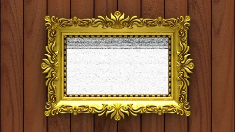 Tv noise on the screen in gold picture frame on brown wood, chroma key Stock Footage 85073780