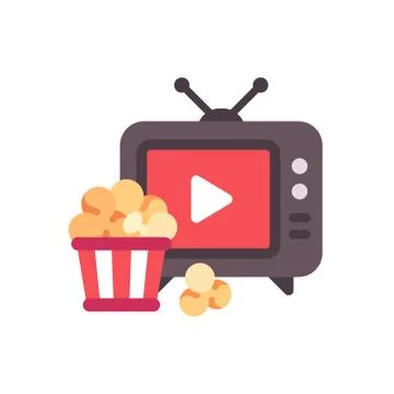 TV with play button and popcorn bucket flat icon Stock Illustration