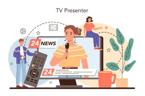 TV presenter concept. Television host in studio. Broadcaster Illustration