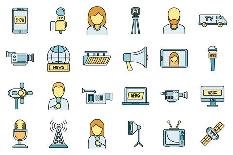 TV presenter interview icons set vector color line Stock Illustration