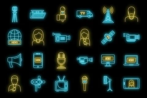 TV presenter interview icons set vector neon Stock Illustration