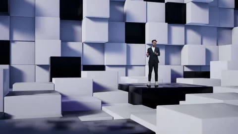 Tv presenter in virtual studio news with white and black cubes. Stock Footage 156811452