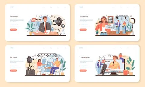 TV presenter web banner or landing page set. Television host in studio Stock Illustration
