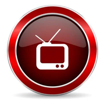 Tv red circle glossy web icon, round button with metallic border Stock Illustration
