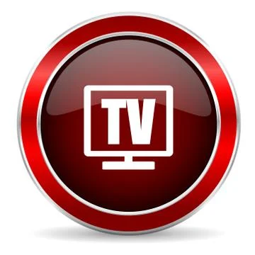 Tv red circle glossy web icon, round button with metallic border Stock Illustration