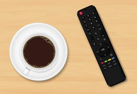 TV remote control and coffee cup top view Stock Illustration