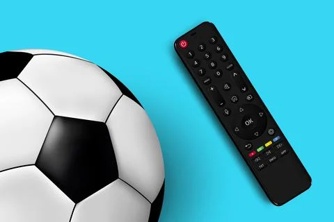 TV remote control and soccer ball top view isolated on blue background Stock Illustration