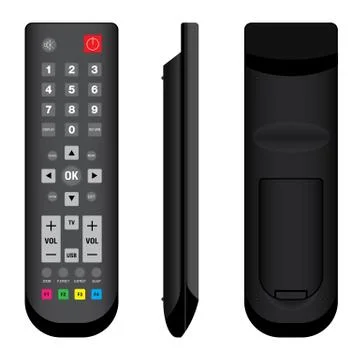 TV Remote Control Black Front, Side and Back View on white background. Stock Illustration
