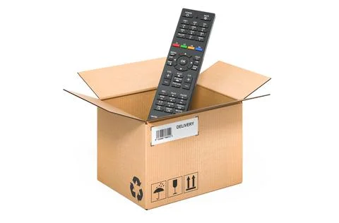 TV remote control inside cardboard box, delivery concept. 3D rendering Illustrazione stock
